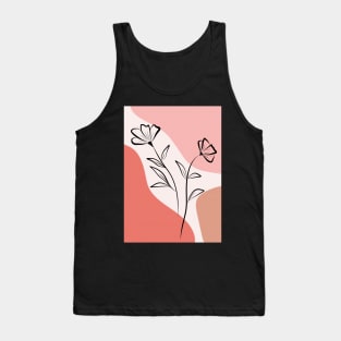 Abstract Botanical Poppy Line Art Flowers On Pink Tank Top